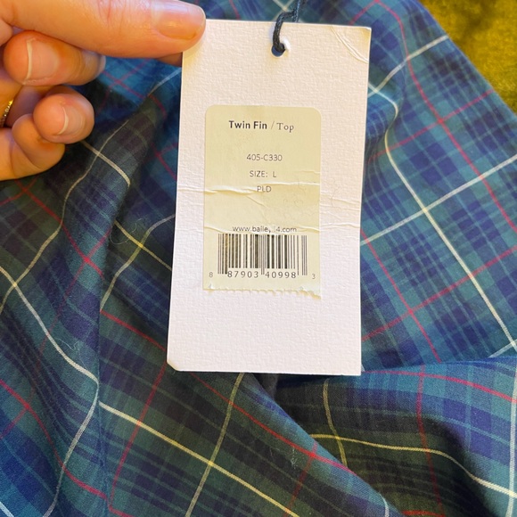 NWT Bailey 44 SZ L Navy Plaid Twin Fin Off the Shoulder Top! - Picture 13 of 14